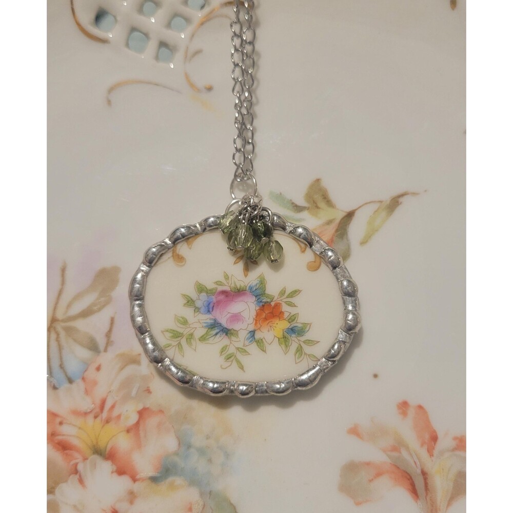 Broken China Floral Bouquet Soldered Pendant Necklace